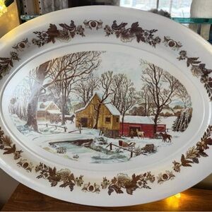 Vintage Winter Scene Artisan 777 White Turkey Plate Oval